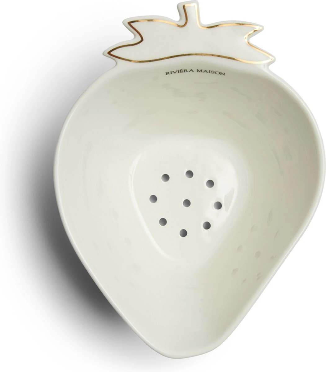 Riviera Maison Fruitvergiet, Aardbeien Zeef - Tasty Strawberry Colander - Wit / Goud - Porselein - 1 Stuk 3 Riviera Maison Fruitvergiet, Aardbeien Zeef - Tasty Strawberry Colander - Wit / Goud - Porselein - 1 Stuk