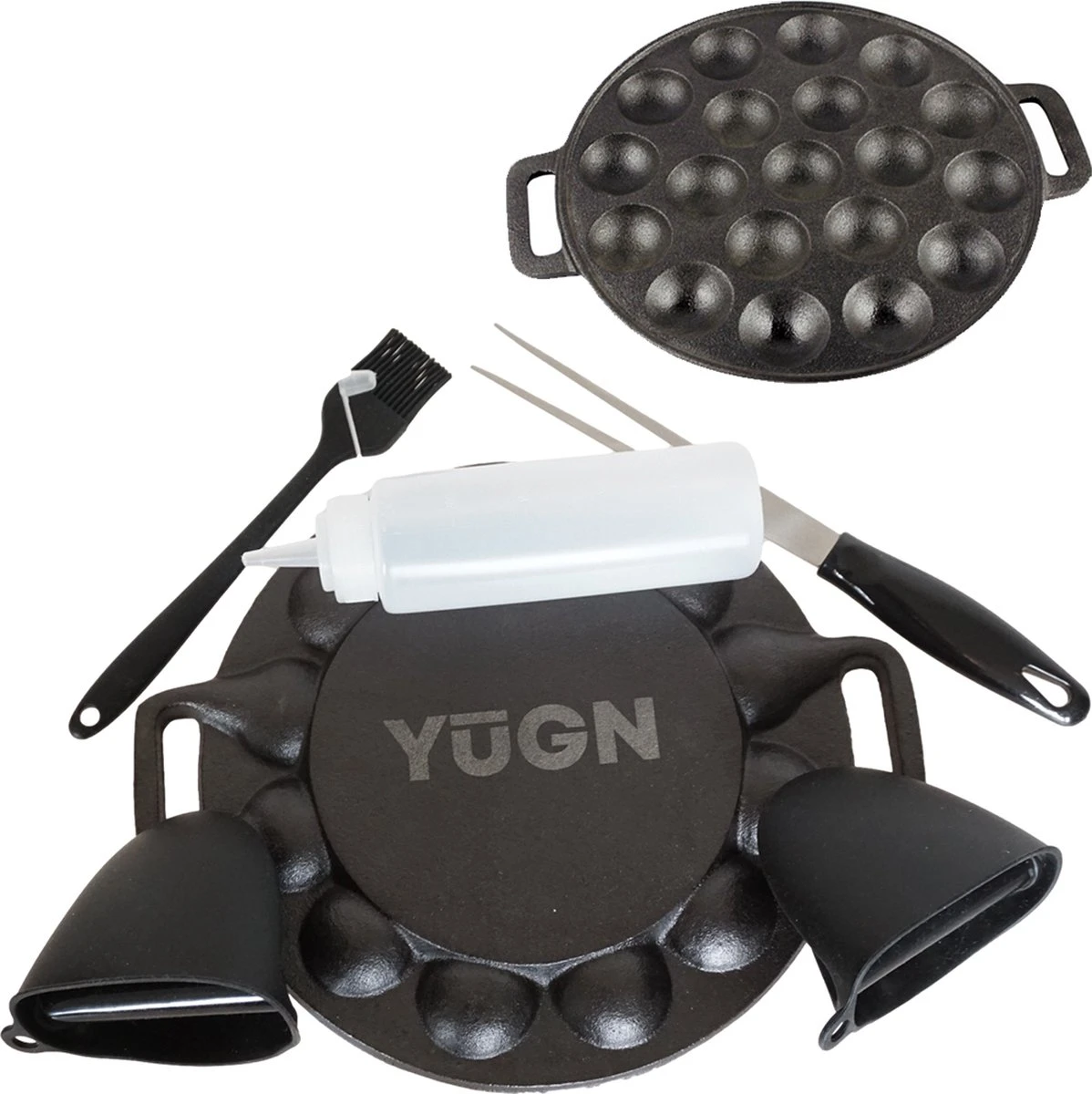 YUGN BLACK Poffertjespan Poffertjesmaker 6 Delige Set - 19 Poffertjes Incl Doseerfles Kwast Poffertjesvork Siliconen Ovenwanten - Platte Onderkant Poffertjespan Inductie Poffertjespan Elektrisch - Cadeau Tip 6 YUGN BLACK Poffertjespan Poffertjesmaker 6 Delige Set - 19 Poffertjes Incl Doseerfles Kwast Poffertjesvork Siliconen Ovenwanten - Platte Onderkant Poffertjespan Inductie Poffertjespan Elektrisch - Cadeau Tip - Afbeelding 4