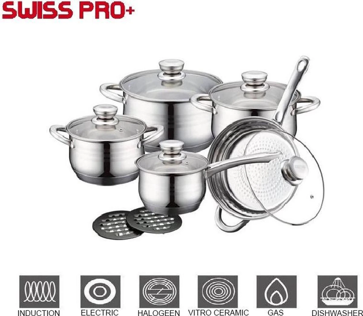 Swiss Pro + Pannenset - 12 Delig - RVS - Roestvrijstalen Kookgerei 18/10 3 Swiss Pro + Pannenset - 12 Delig - RVS - Roestvrijstalen Kookgerei 18/10