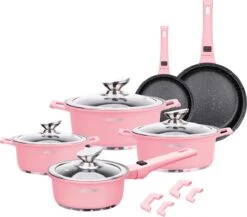 Swiss Pro+ | Set 14 Delige Pannenset | Inductie - Pannensets - Glazen Deksel - Met Afneembare Handgreep - Marmeren Interieur -PFAS-vrij | Pink -Tefal Winkel 1200x1056
