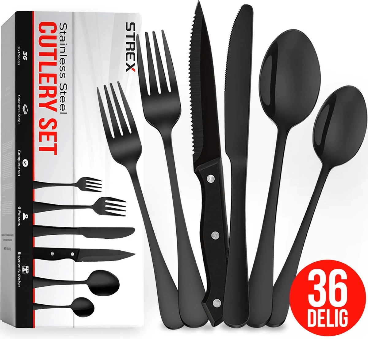 Strex Bestekset 6 Persoons - Zwart - 36-delig - Roestvrij Staal - Lepels, Messen, Vorken En Steakmessen - Hoogwaardige Kwaliteit 3 Strex Bestekset 6 Persoons - Zwart - 36-delig - Roestvrij Staal - Lepels, Messen, Vorken En Steakmessen - Hoogwaardige Kwaliteit