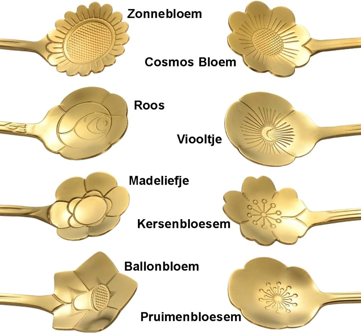 Fako Bijoux® - Bloemen Lepels Set - Theelepel / Koffielepel - 12cm - Goud - 8 Stuks 4 Fako Bijoux® - Bloemen Lepels Set - Theelepel / Koffielepel - 12cm - Goud - 8 Stuks - Afbeelding 2