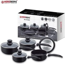 Herzberg HG-5003BK: 8 Pieces Marble Cookware Set - Black -Tefal Winkel 1200x1175 1