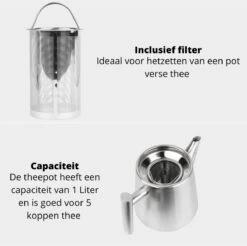Castagnola Theepot Met Filter – Theekan – Theepot Dubbelwandig – Theepot Roestvrijstaal – Hoogwaardig RVS – 1 Liter – 5 Kopjes Thee – Zilver 13 Castagnola Theepot Met Filter – Theekan – Theepot Dubbelwandig – Theepot Roestvrijstaal – Hoogwaardig RVS – 1 Liter – 5 Kopjes Thee – Zilver -Tefal Winkel 1200x1195 20