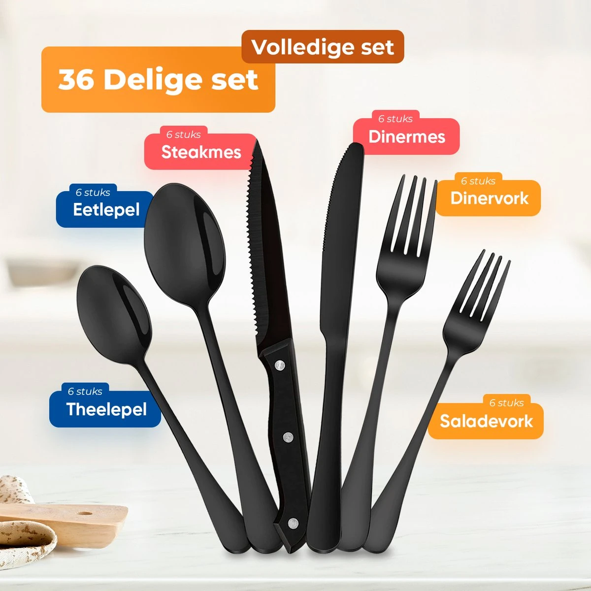 Strex Bestekset 6 Persoons - Zwart - 36-delig - Roestvrij Staal - Lepels, Messen, Vorken En Steakmessen - Hoogwaardige Kwaliteit 4 Strex Bestekset 6 Persoons - Zwart - 36-delig - Roestvrij Staal - Lepels, Messen, Vorken En Steakmessen - Hoogwaardige Kwaliteit - Afbeelding 2