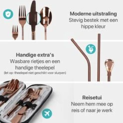 Damster Reisbestek - Verbeterde Versie - Meeneem Bestek Rvs - Reis Bestekset To Go - Incl. Herbruikbare Rietjes - Eenpersoons - Achtdelig - Roodgoud -Tefal Winkel 1200x1200 1350