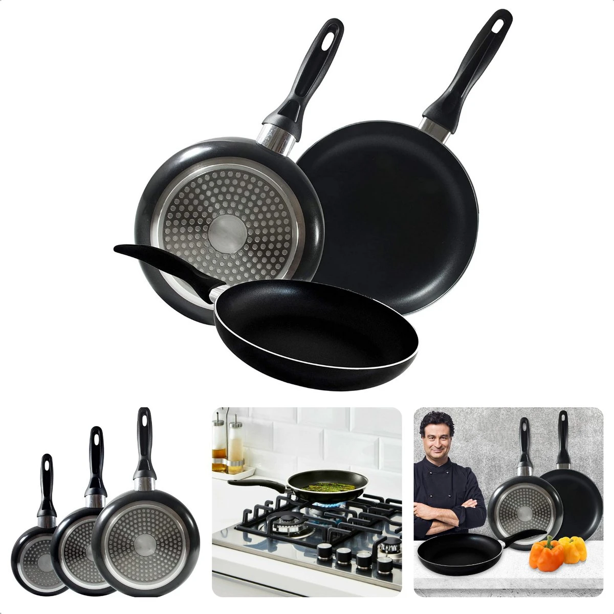 Cheqo® PRO 3-Delige Koekenpannenset - Koekenpan Set - Pannenset - Geperst Aluminium - Geschikt Voor Gas, Elektrisch, Keramisch, Halogeen Koken 3 Cheqo® PRO 3-Delige Koekenpannenset - Koekenpan Set - Pannenset - Geperst Aluminium - Geschikt Voor Gas, Elektrisch, Keramisch, Halogeen Koken