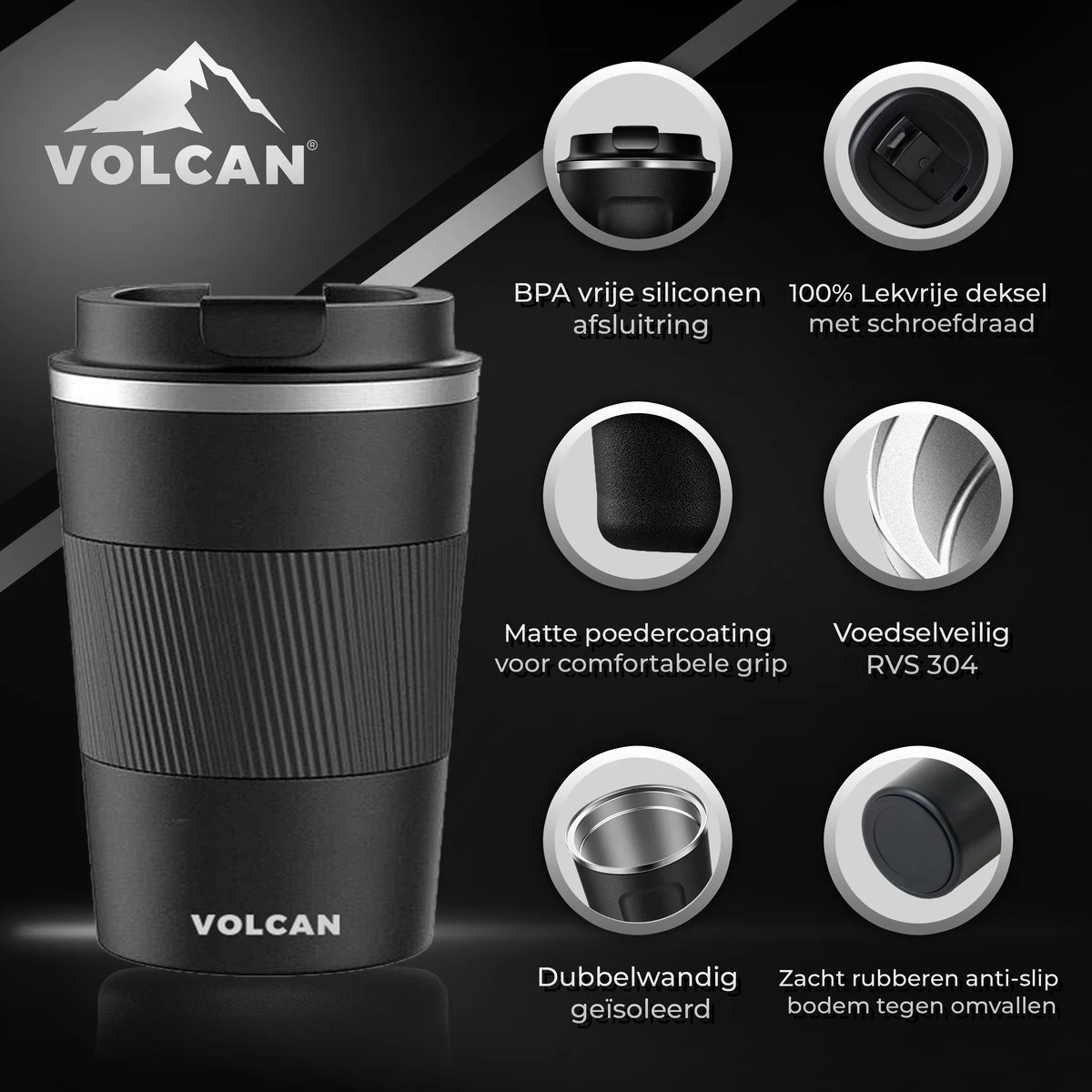 Volcan RVS Koffiebeker To Go Met Sleeve - Thermosbeker - Theebeker - Coffee - Zwart 10 Volcan RVS Koffiebeker To Go Met Sleeve - Thermosbeker - Theebeker - Coffee - Zwart - Afbeelding 8
