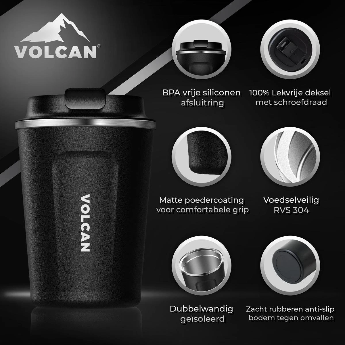Volcan RVS Koffiebeker To Go - Thermosbeker - Theebeker - Coffee - Zwart 12 Volcan RVS Koffiebeker To Go - Thermosbeker - Theebeker - Coffee - Zwart - Afbeelding 10