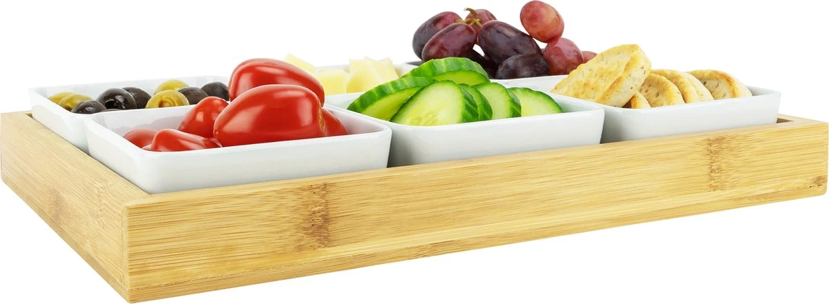 Krumble Borrelplank Met 6 Schaaltjes - Borrelplank - Tapasschaal - Serveerschaal Met Vakjes - Snackschaal - Snack- & Tappasschalen - Serveerplanken- Serveerschalen - Hout En Keramiek - 6 Delig Schaaltjes - Wit En Bruin 4 Krumble Borrelplank Met 6 Schaaltjes - Borrelplank - Tapasschaal - Serveerschaal Met Vakjes - Snackschaal - Snack- & Tappasschalen - Serveerplanken- Serveerschalen - Hout En Keramiek - 6 Delig Schaaltjes - Wit En Bruin - Afbeelding 2
