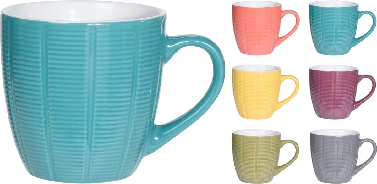Orange85 Koffiekopjes Gekleurd - Set Van 6 - Koffiemokken - Streep - 200 Ml - Reliëf - Aardewerk - Met Oor - Theemokken 3 Orange85 Koffiekopjes Gekleurd - Set Van 6 - Koffiemokken - Streep - 200 Ml - Reliëf - Aardewerk - Met Oor - Theemokken