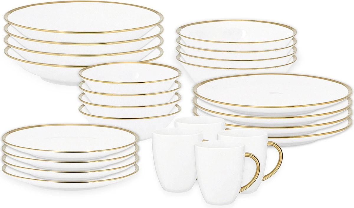 Vtwonen Serviesset - Wit-Goud - Porselein - 24-delig 3 Vtwonen Serviesset - Wit-Goud - Porselein - 24-delig