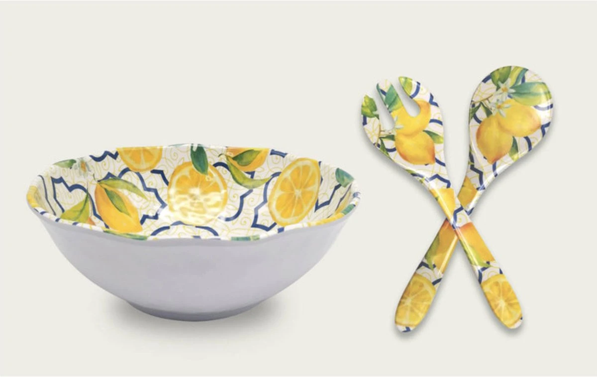 Arca Italy - Saladeschaal Met Bestek - 100% Melamine - Vaatwasbestendig - 30 Cm - Lemon Collectie 3 Arca Italy - Saladeschaal Met Bestek - 100% Melamine - Vaatwasbestendig - 30 Cm - Lemon Collectie