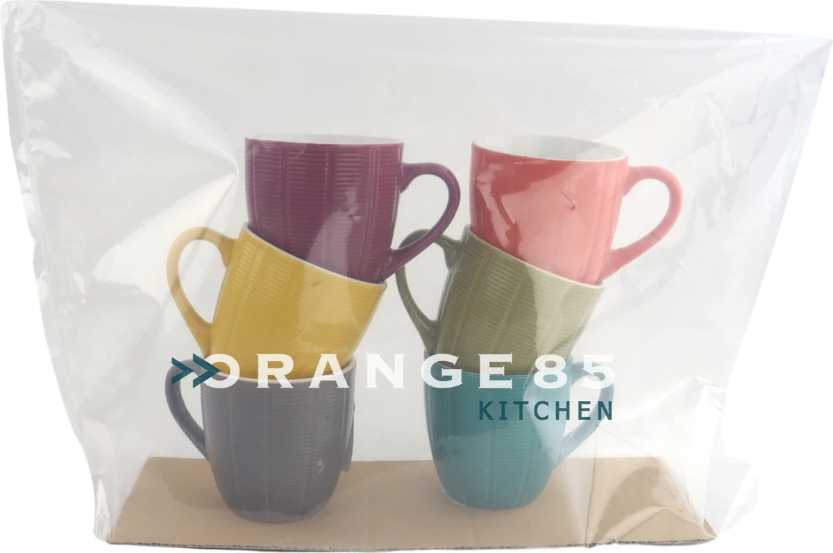 Orange85 Koffiekopjes Gekleurd - Set Van 6 - Koffiemokken - Streep - 200 Ml - Reliëf - Aardewerk - Met Oor - Theemokken 7 Orange85 Koffiekopjes Gekleurd - Set Van 6 - Koffiemokken - Streep - 200 Ml - Reliëf - Aardewerk - Met Oor - Theemokken - Afbeelding 5