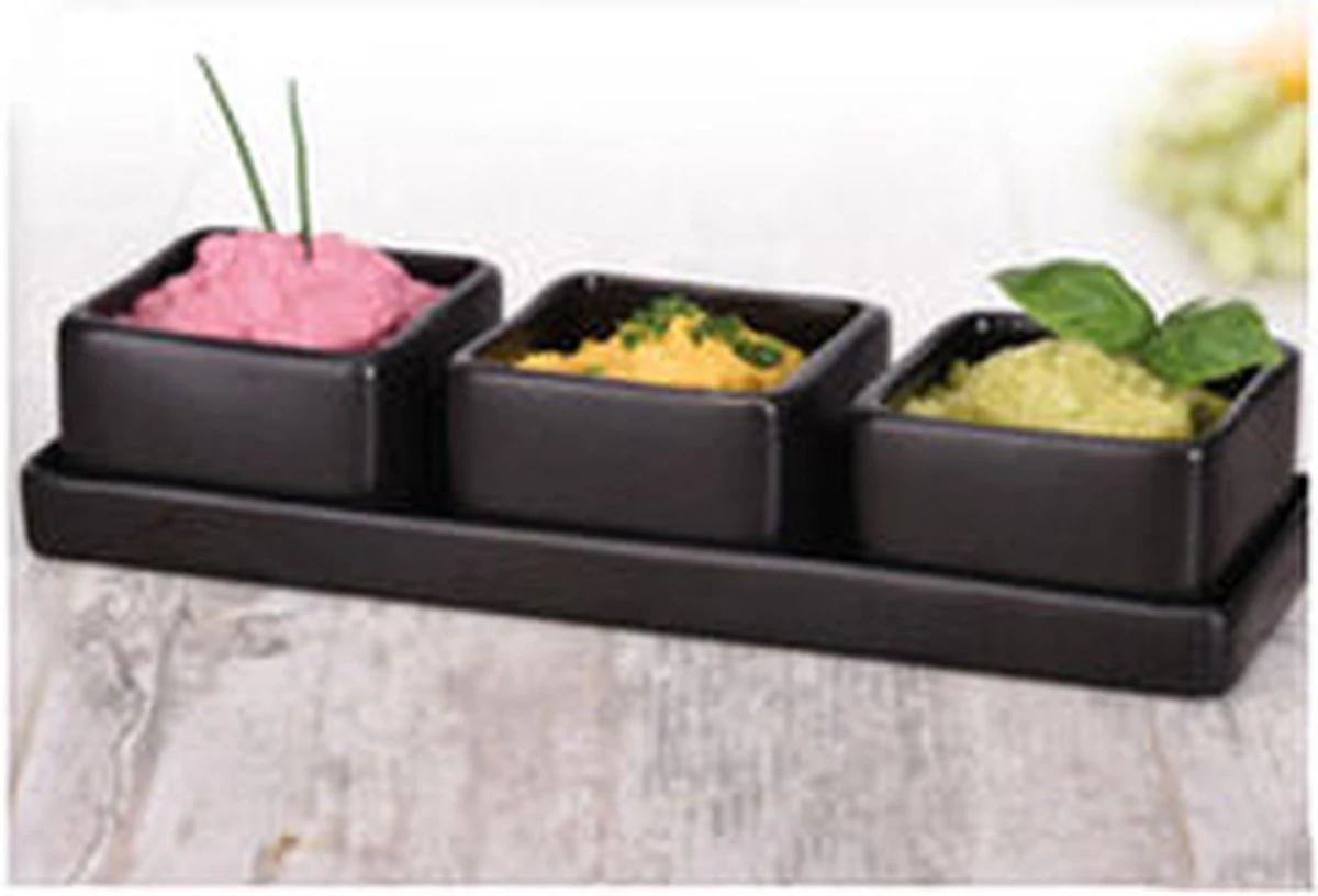 Excellent Houseware Amuse/tapas/saus Schaaltjes Met Serveerplankje - Aardewerk - Mat Zwart 4 Excellent Houseware Amuse/tapas/saus Schaaltjes Met Serveerplankje - Aardewerk - Mat Zwart - Afbeelding 2