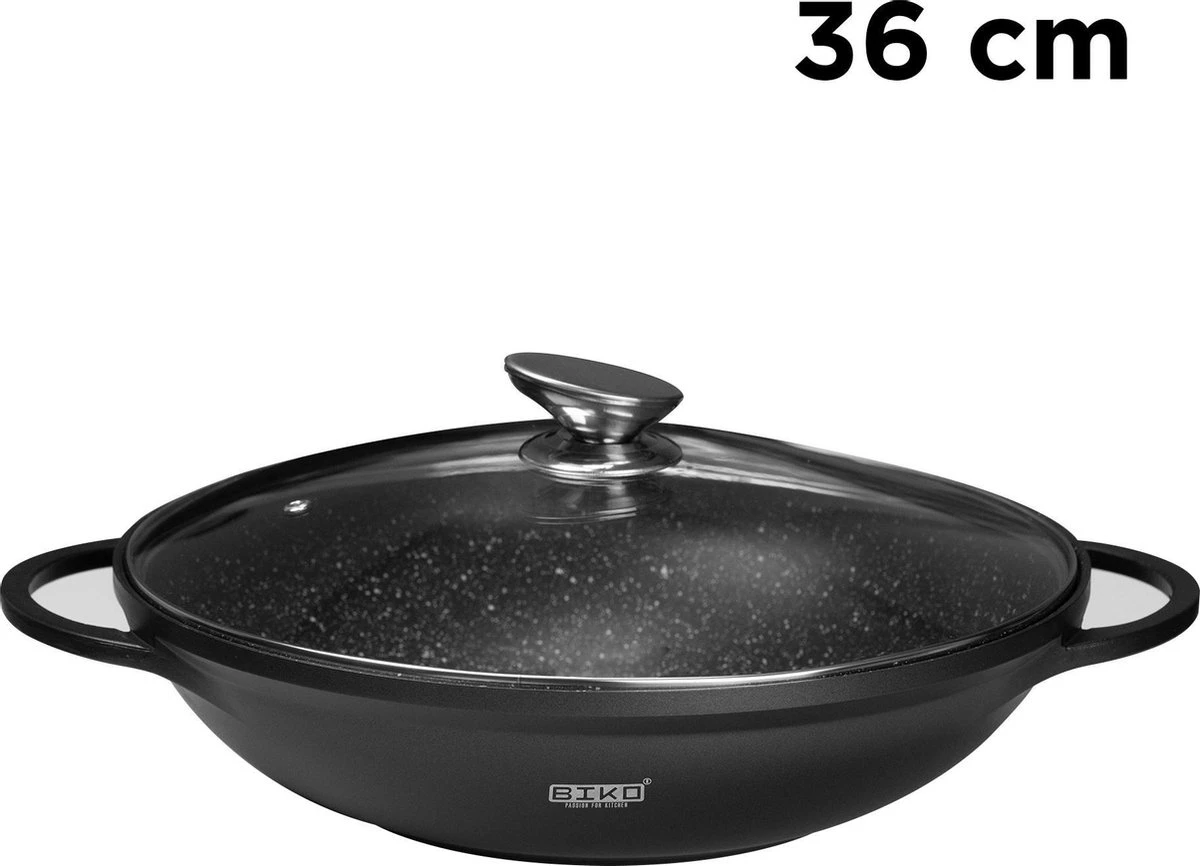 BIKO - Wokpan Ø 36 Cm - Marmeren Coating - Glazen Deksel - Wadjan - Zwart 5 BIKO - Wokpan Ø 36 Cm - Marmeren Coating - Glazen Deksel - Wadjan - Zwart - Afbeelding 3