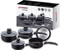 Herzberg HG-5003BK: 8 Pieces Marble Cookware Set - Black -Tefal Winkel 1200x987