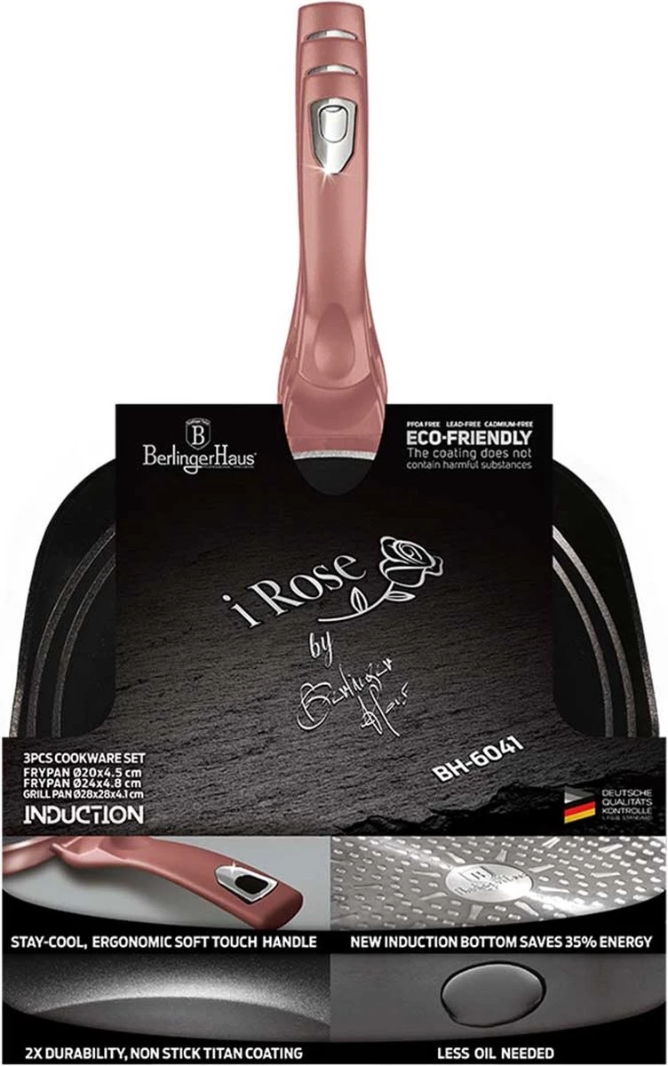 Berlinger Haus 6041 - Braadpannenset - 3 Delig - Gecoat - Rose Metallic Line 4 Berlinger Haus 6041 - Braadpannenset - 3 Delig - Gecoat - Rose Metallic Line - Afbeelding 2